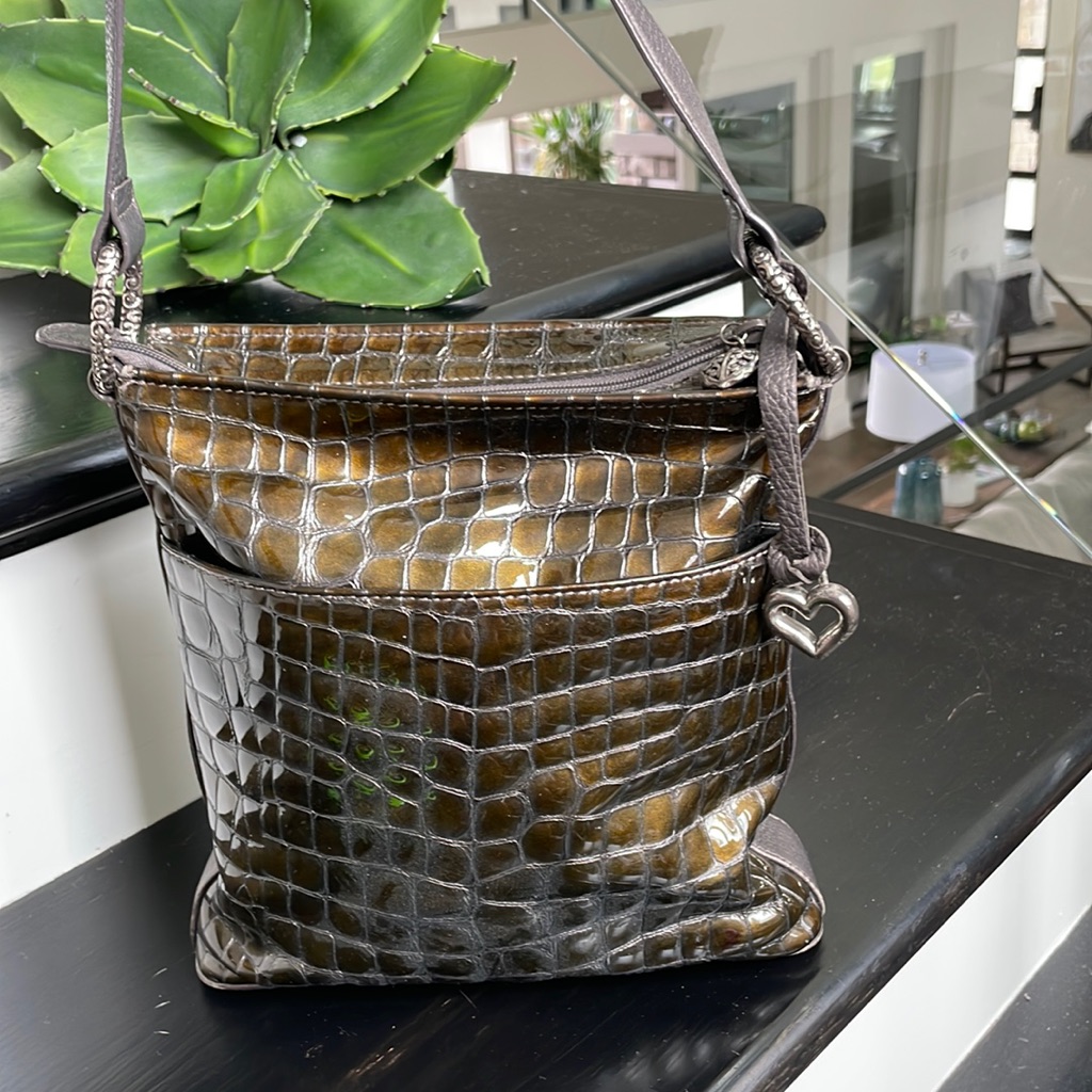 Brighton, Genuine Leather Crocodile, Embossed, Patent Shoulder, Handbag, Purse